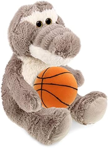 DolliBu Sitting Grey Alligator Plush with Basketball - 9 Inches