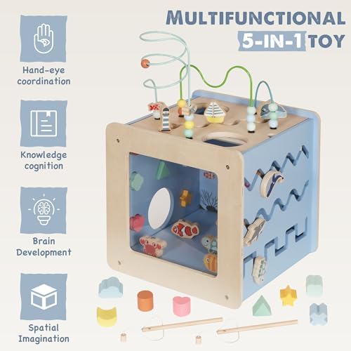 Buoyantkids Wooden Activity Cube 7-in-1 Montessori Toy