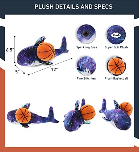 DolliBu Space Sequin Shark Plush with Basketball - 12 Inch Huggable