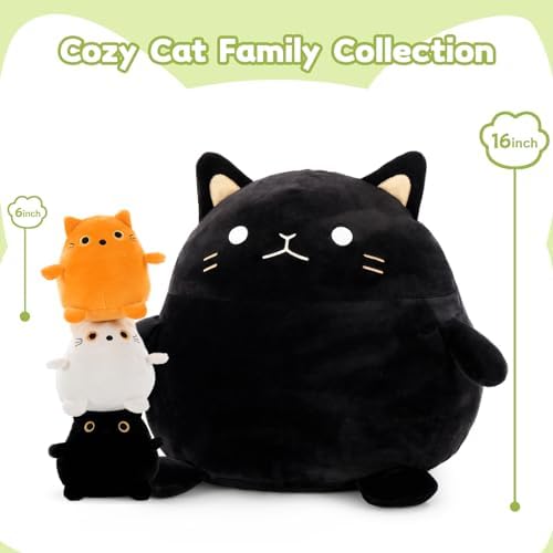BENINY 4Pcs Cat Plush Set - Giant Black Cat Mommy 3 Baby Kittens
