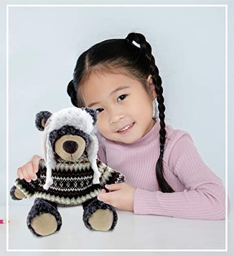 DolliBu Plush Black Bear with Hat and Sweater 9 Inches