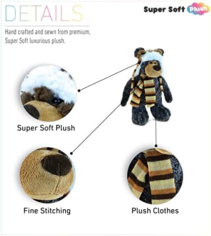 DolliBu Plush Black Bear Stuffed Animal - Standing Bear with Hat Scarf 11 Inches