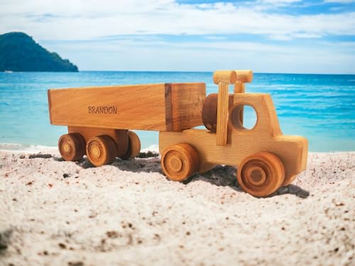 Personalized Wooden Toy Semi Truck With Trailer for Toddlers