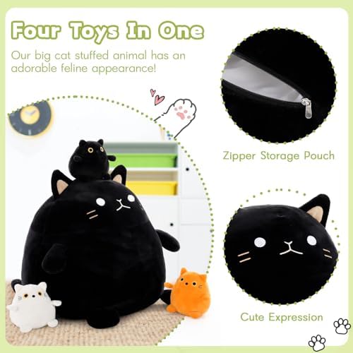 BENINY 4Pcs Cat Plush Set - Giant Black Cat Mommy 3 Baby Kittens