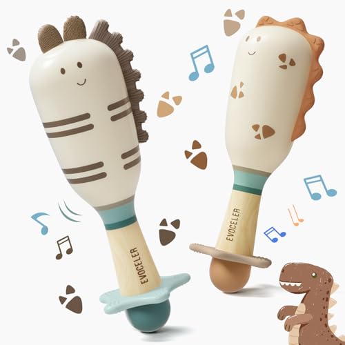 Evoceler Dinosaur Rattles 2 Pack Teether Toys for 0M Babies