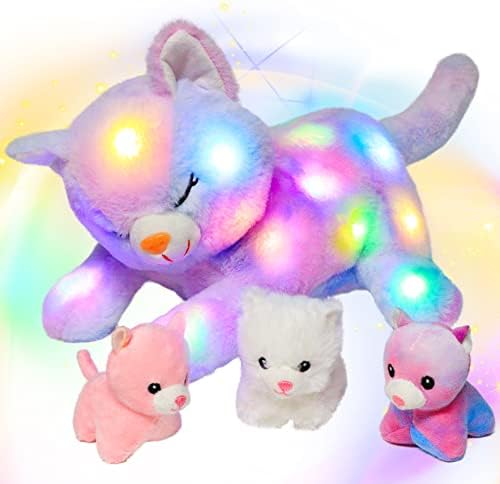 Hopearl LED Plush Cat Glow in the Dark with 3 Baby Kittens 18