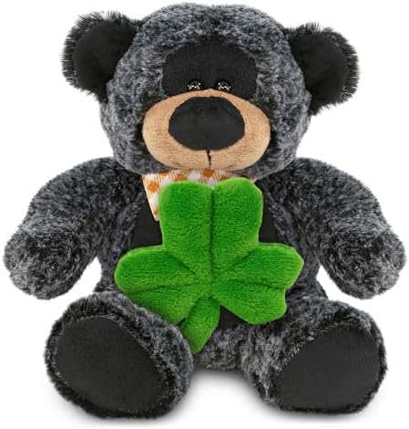 DolliBu Super Soft Black Bear Stuffed Animal with Green Shamrock