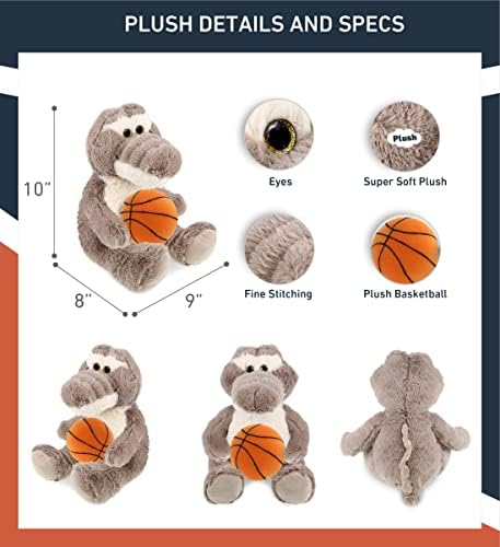DolliBu Sitting Grey Alligator Plush with Basketball - 9 Inches