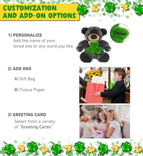 DolliBu Super Soft Black Bear Stuffed Animal with Green Shamrock
