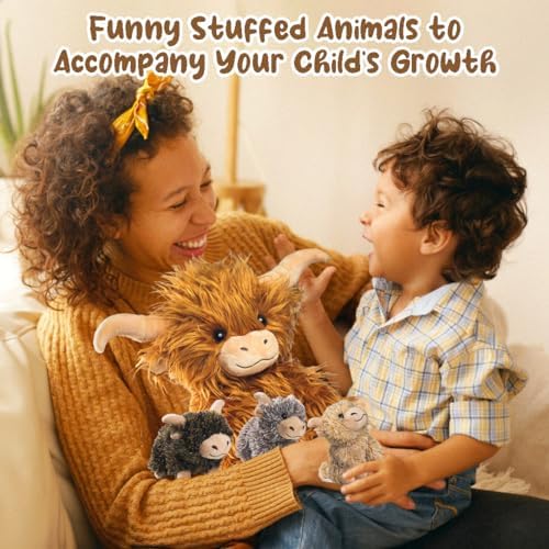 5 Pcs Highland Cow Plush Set with 4 Baby Calves