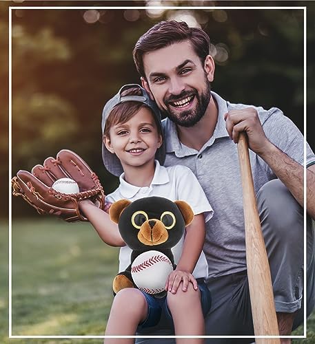 DolliBu Sparkling Eyes Black Bear Plush Toy with Baseball - 8 Inch