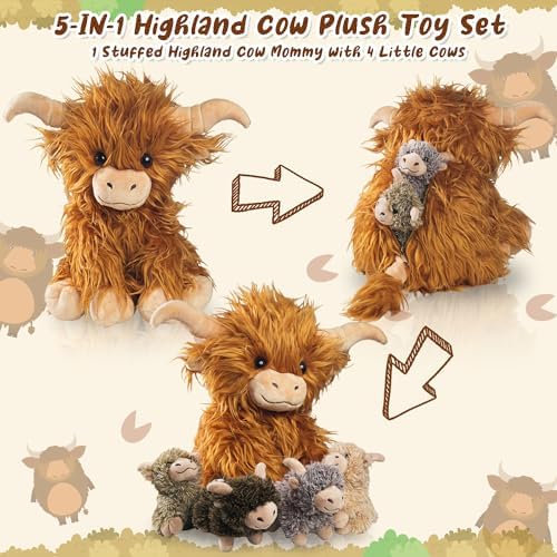 5 Pcs Highland Cow Plush Set with 4 Baby Calves