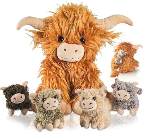 5 Pcs Highland Cow Plush Set with 4 Baby Calves