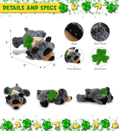 DolliBu Lying Black Bear Plush with Green Shamrock