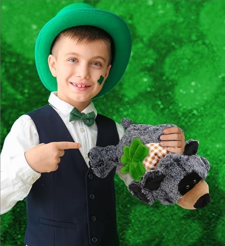 DolliBu Lying Black Bear Plush with Green Shamrock