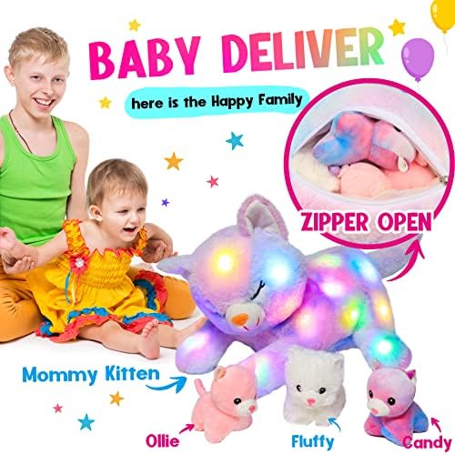 Hopearl LED Plush Cat Glow in the Dark with 3 Baby Kittens 18