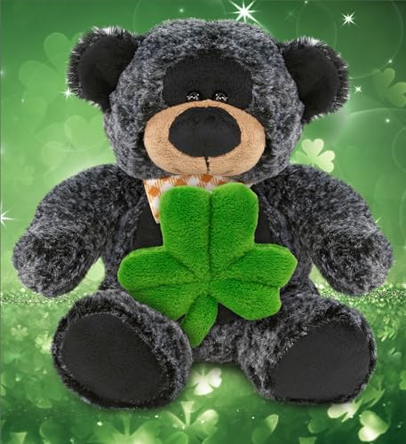 DolliBu Super Soft Black Bear Stuffed Animal with Green Shamrock