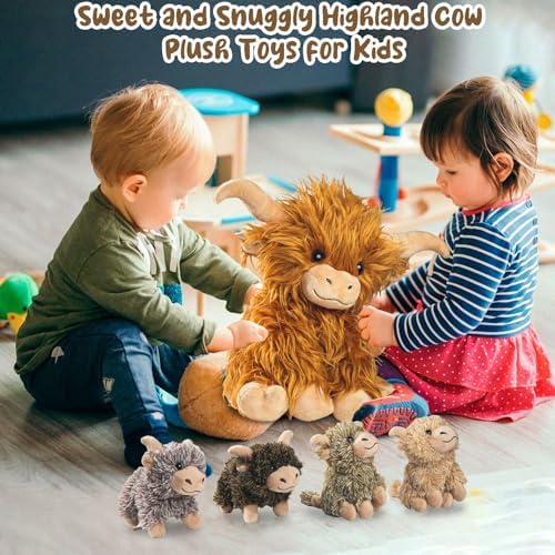 5 Pcs Highland Cow Plush Set with 4 Baby Calves