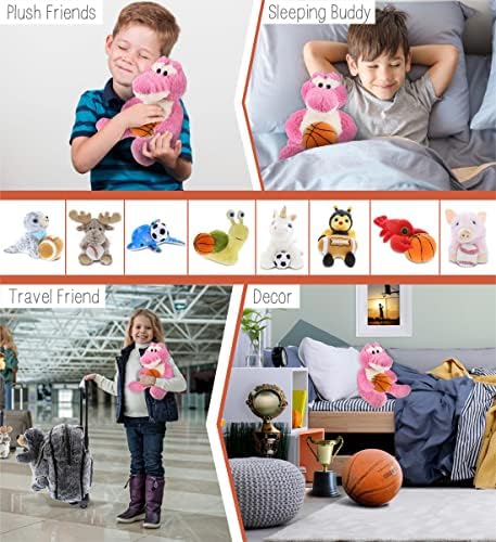 DolliBu Sitting Pink Alligator Plush with Basketball - 10 Inches