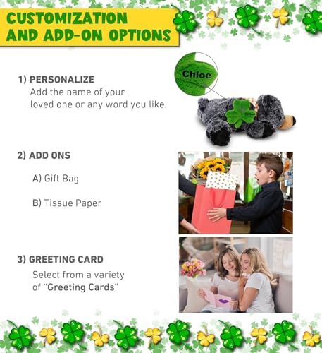 DolliBu Lying Black Bear Plush with Green Shamrock