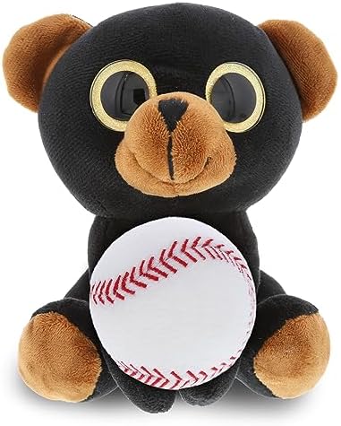 DolliBu Sparkling Eyes Black Bear Plush Toy with Baseball - 8 Inch