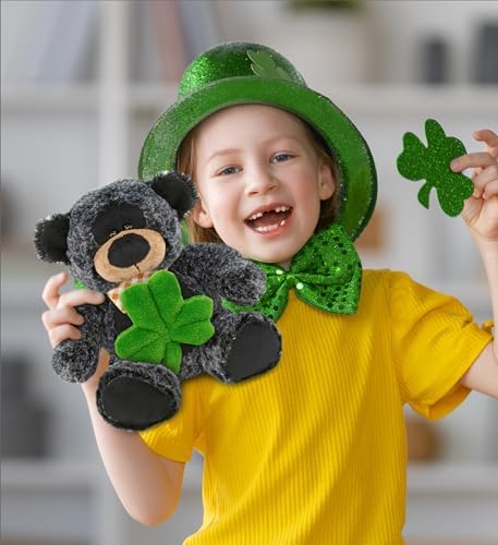 DolliBu Super Soft Black Bear Stuffed Animal with Green Shamrock