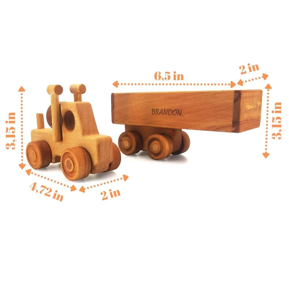 Personalized Wooden Toy Semi Truck With Trailer for Toddlers