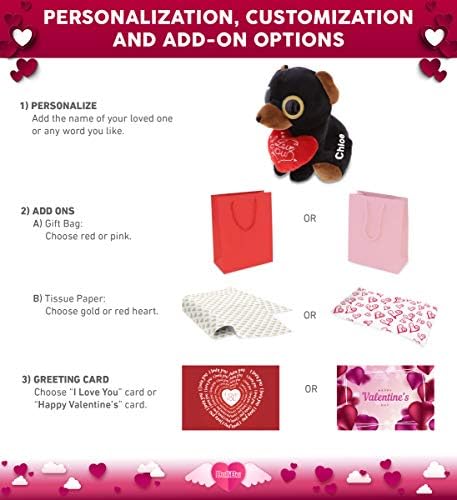 DolliBu Sparkling Big Eye Black Bear Plush with Red Heart and Personalization