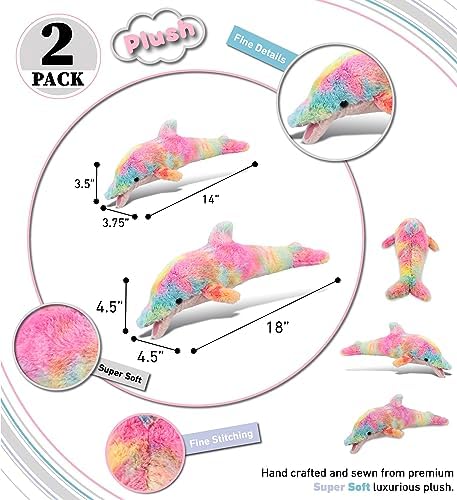 DolliBu Rainbow Plush Dolphin Toys 2 Pack