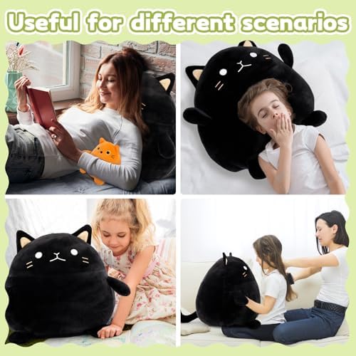 BENINY 4Pcs Cat Plush Set - Giant Black Cat Mommy 3 Baby Kittens