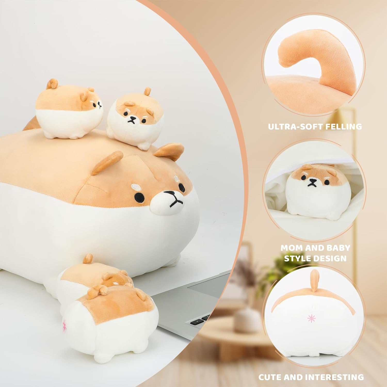 AtoBaby Shiba Inu Plush Pillow with Four Babies