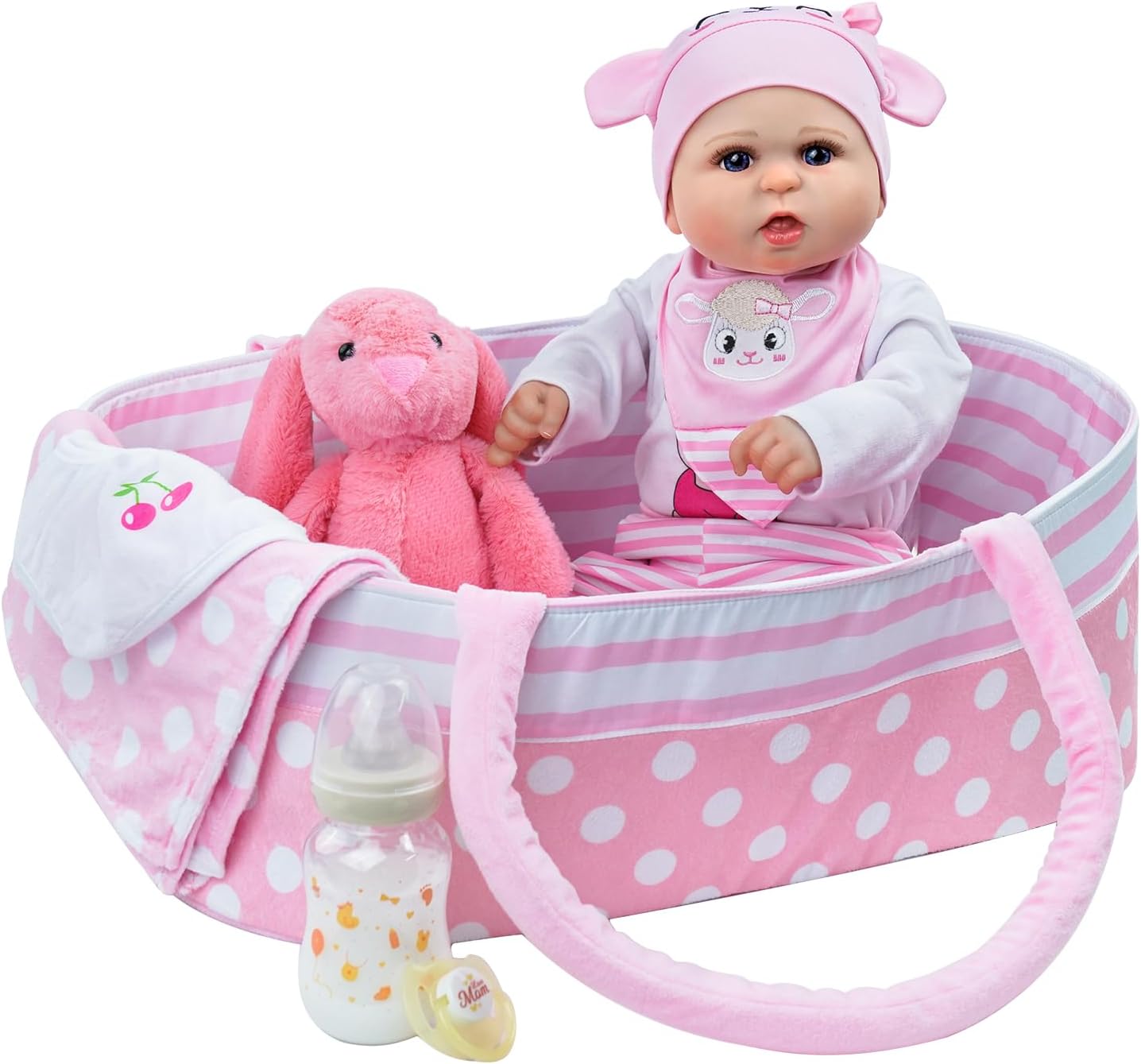 BABESIDE Reborn Baby Doll with 8pcs Clothes and Bassinet 1