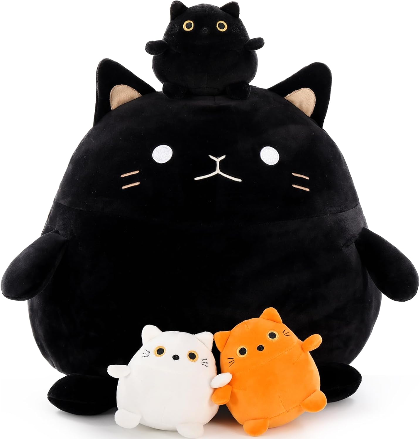 BENINY 4Pcs Cat Plush Set - Giant Black Cat Mommy 3 Baby Kittens