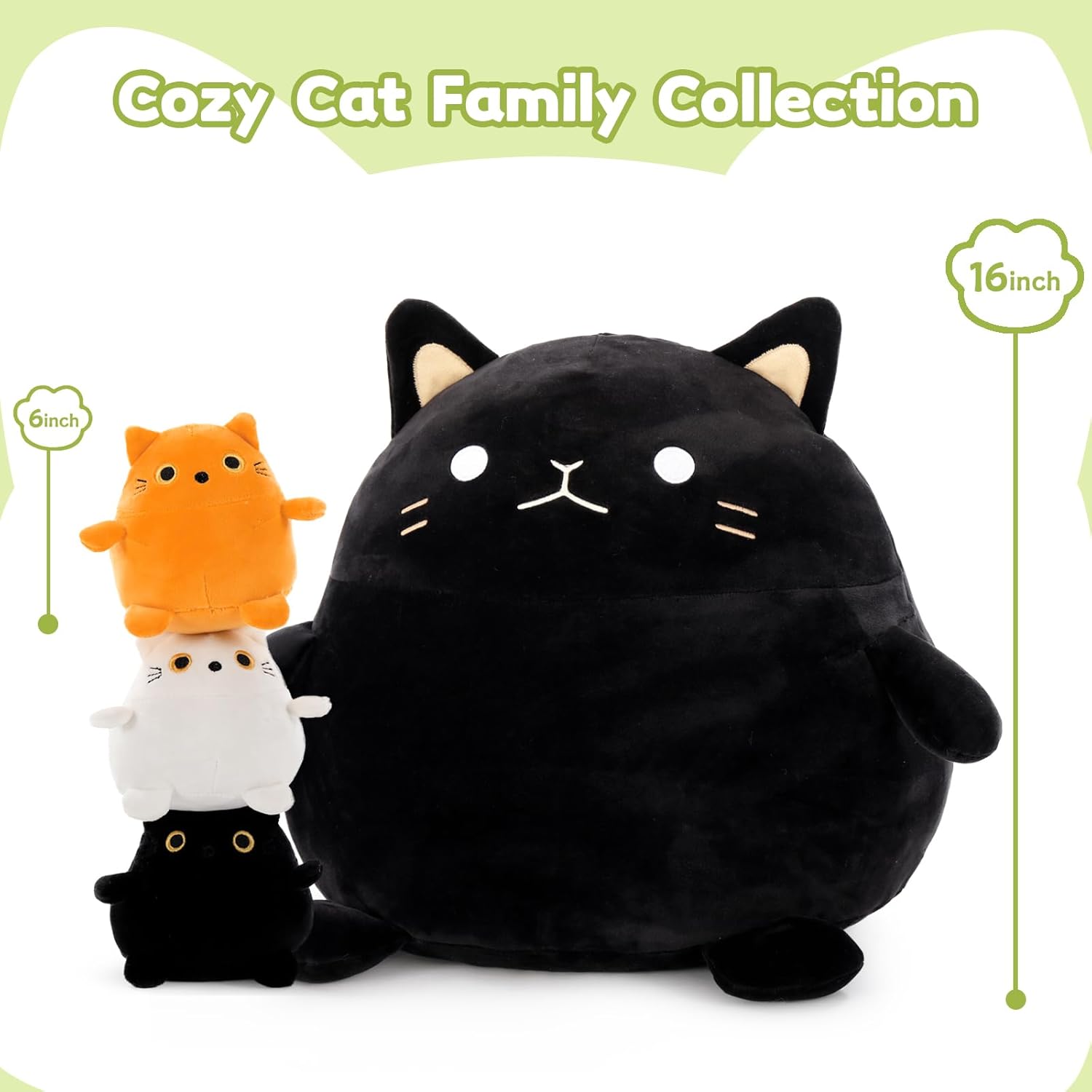 BENINY 4Pcs Cat Plush Set - Giant Black Cat Mommy 3 Baby Kittens