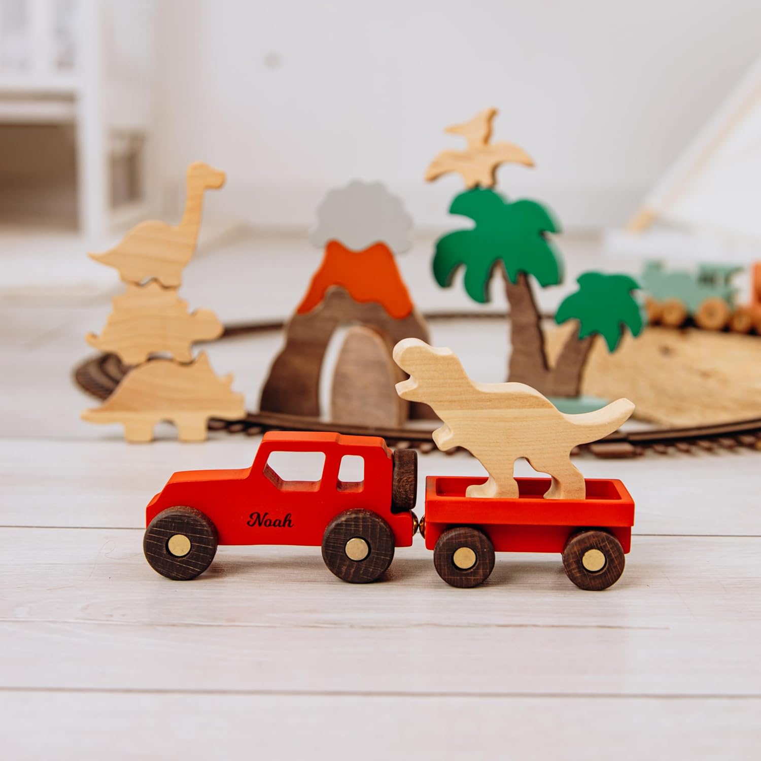 Personalized Wooden Car with Dinosaur Theme for Kids