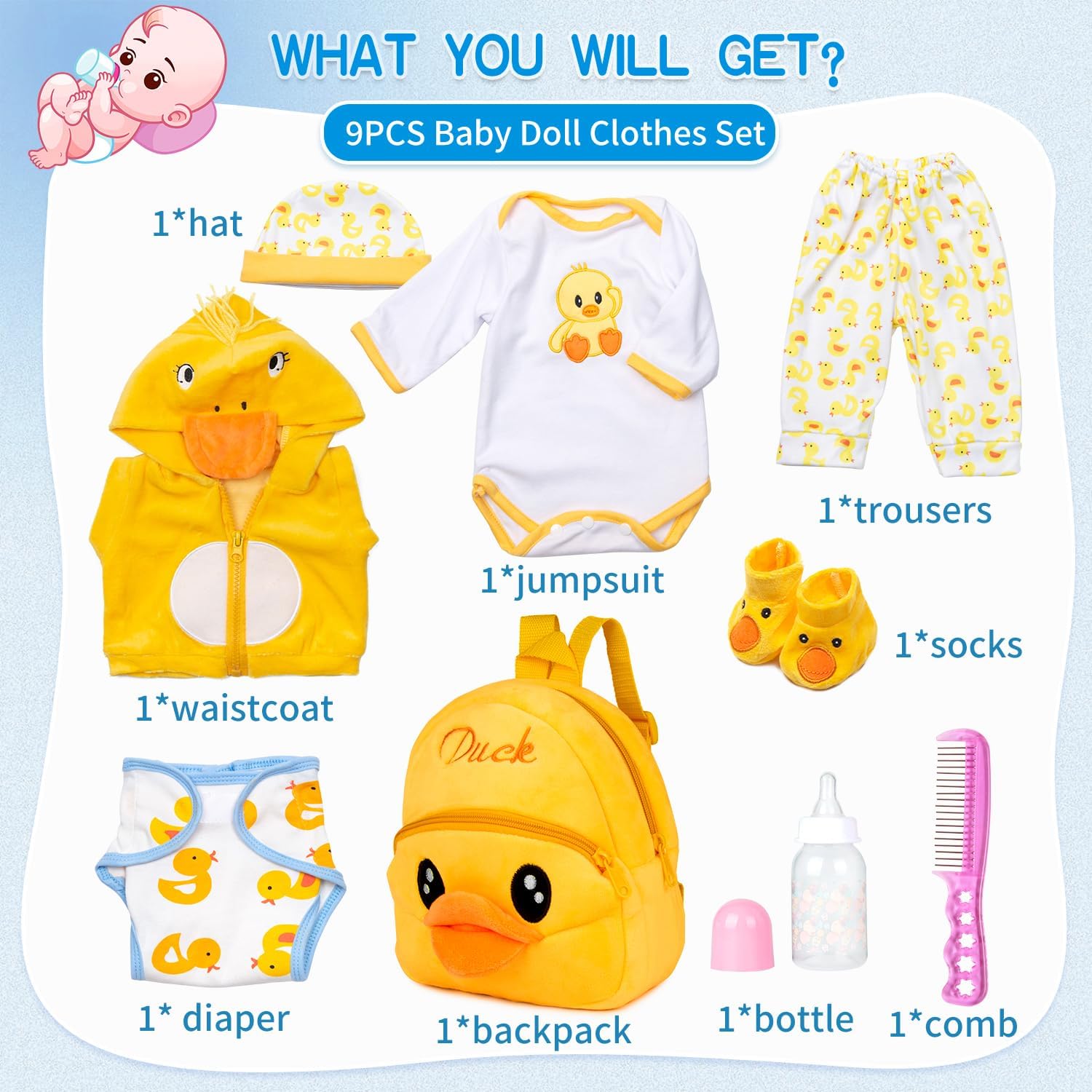 Pedolltree Yellow Duck Reborn Baby Doll 9pcs Set