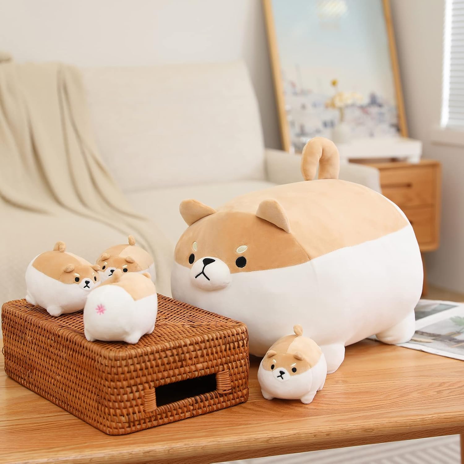 SQEQE Stuffed Shiba Inu Plush Toy with 4 Baby Plushies