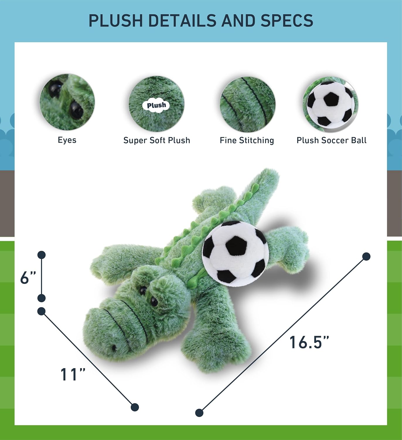 DolliBu Alligator Plush with Soccer Ball - 165 Inch Gator Toy
