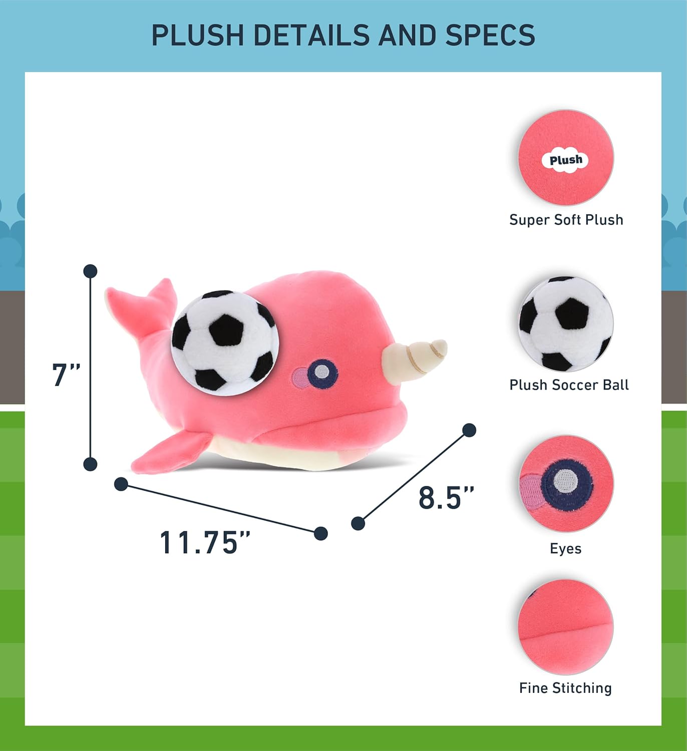 DolliBu Pink Narwhal Plush with Soccer Ball - 1175 Inch