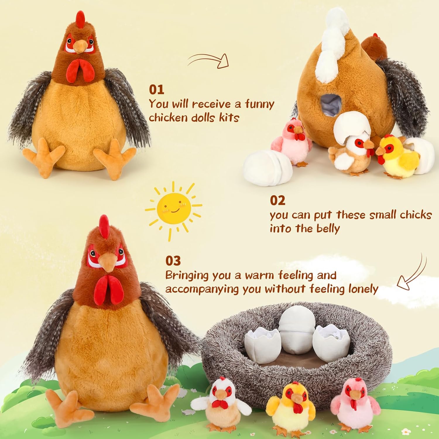 BENINY Farm Hen Plush Toy with Baby Chicks and Coop