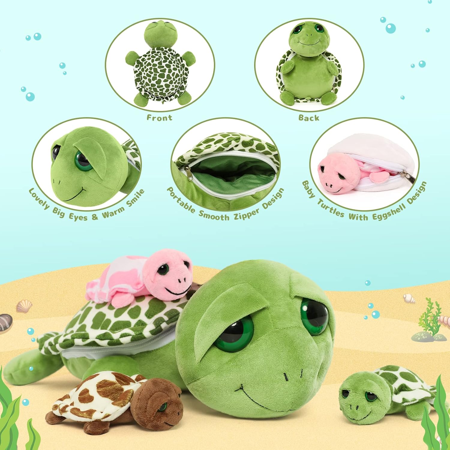 MorisMos Sea Turtle Family Plush Toy 14 with 3 Babies 2 Eggs