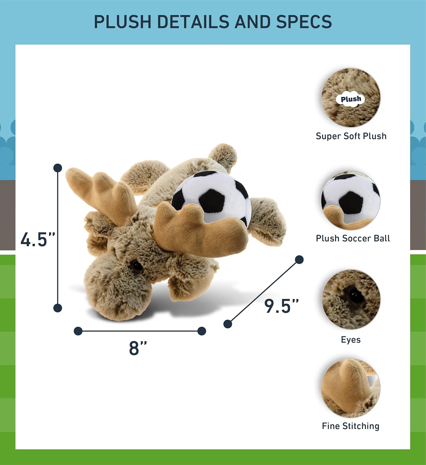 DolliBu Lying Moose Plush with Soccer Ball - Soft Cuddly Stuffed Animal