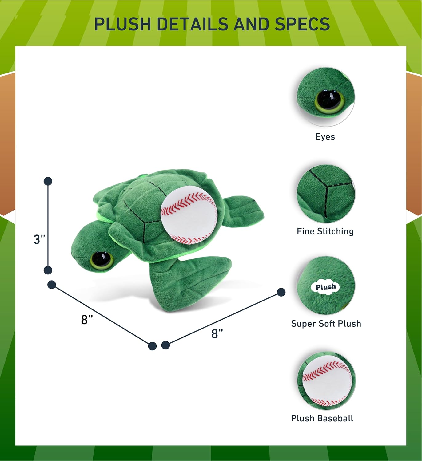 DolliBu Big-Eye Sea Turtle with Baseball Plush - 6 Inch