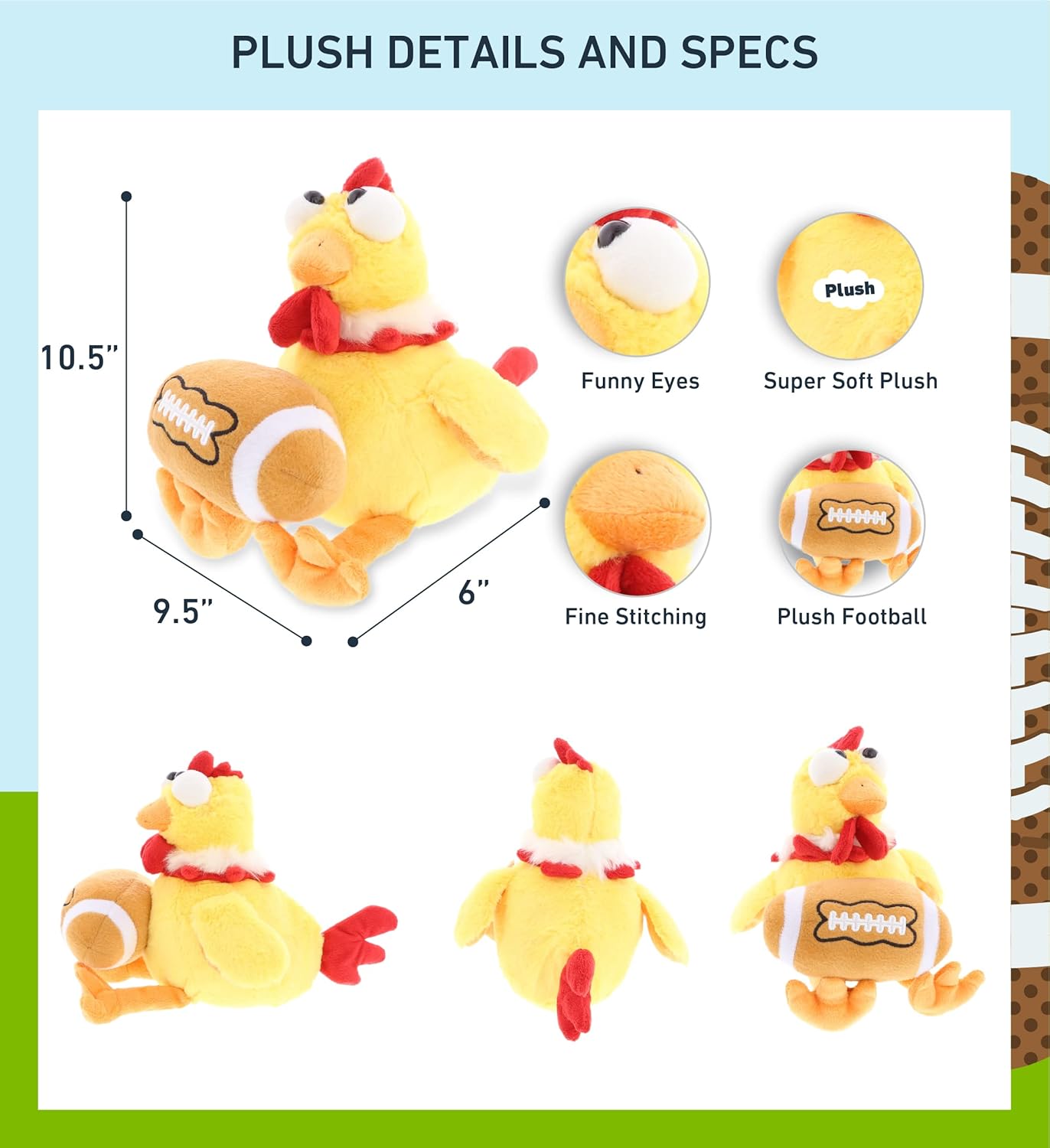 DolliBu Yellow Rooster Plush with Football - 105 Inch Huggable Stuffed Animal