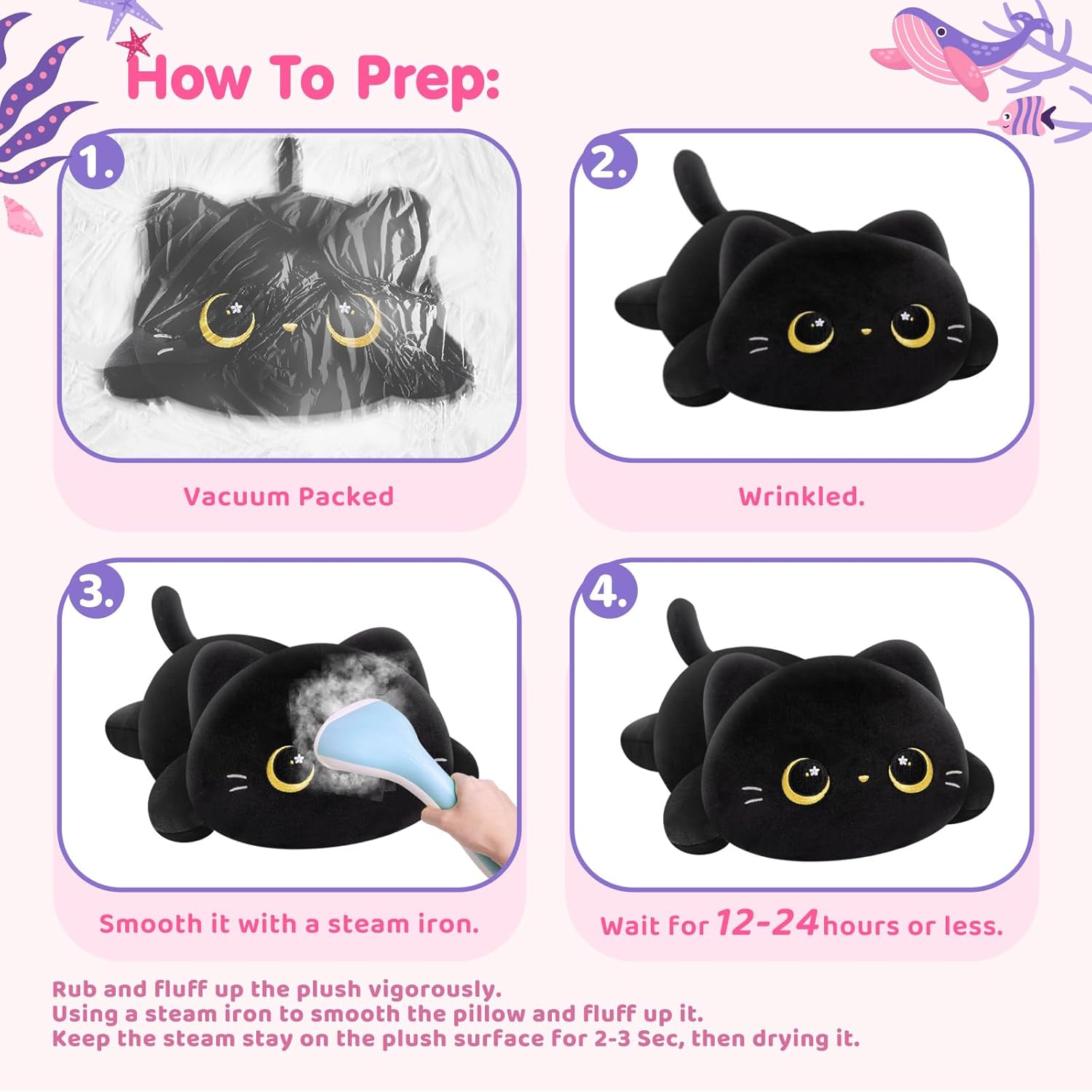 Cute Black Cat Plush Pillow - Kawaii Plushie for Kids Girls