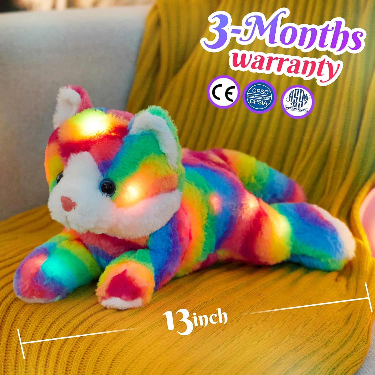 Glow Guards 13 Rainbow Cat Plush Toy with LED Night Light and Lullaby