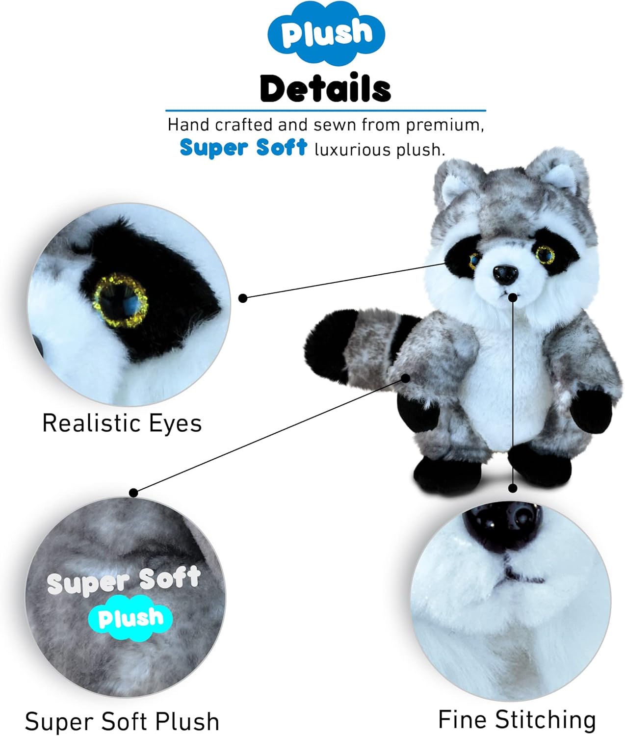 DolliBu Gray Raccoon Plush Stuffed Animal 8 Inches
