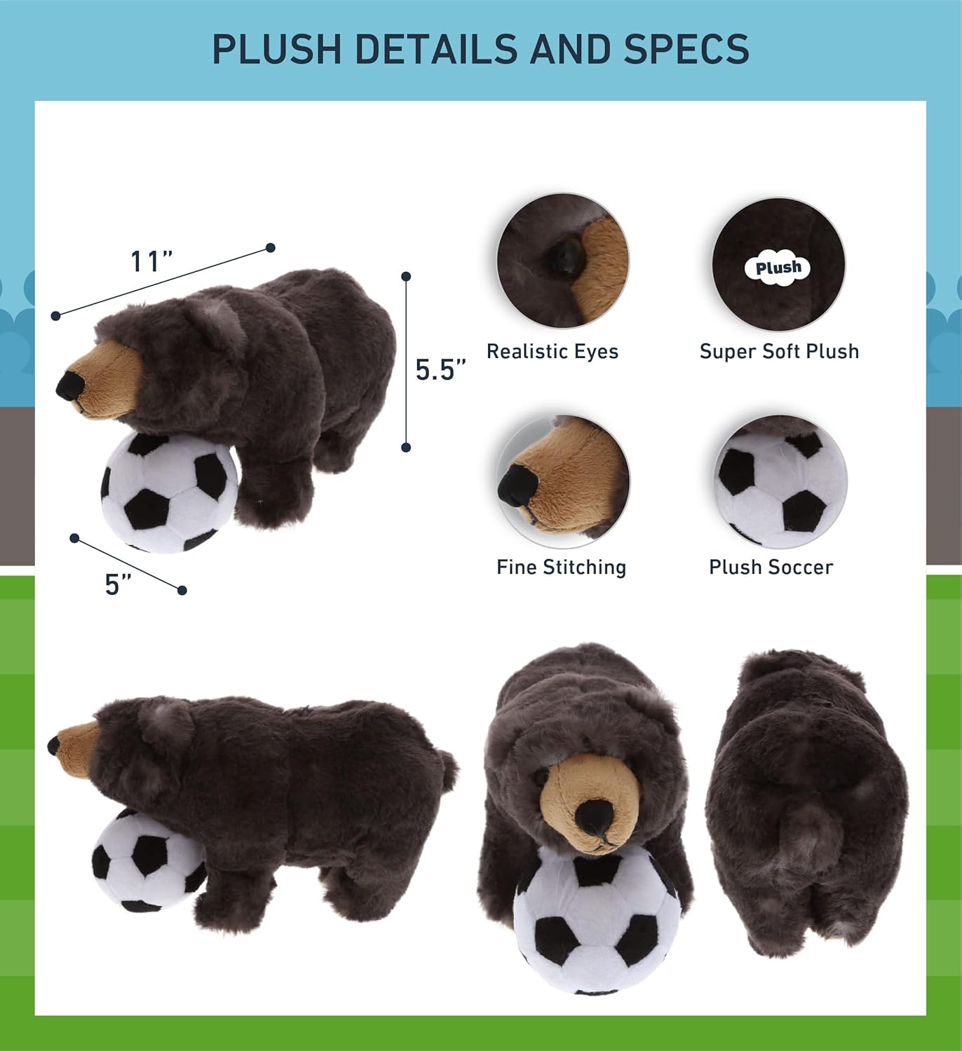 DolliBu Standing Black Bear with Soccer Ball Plush - 11 Inch