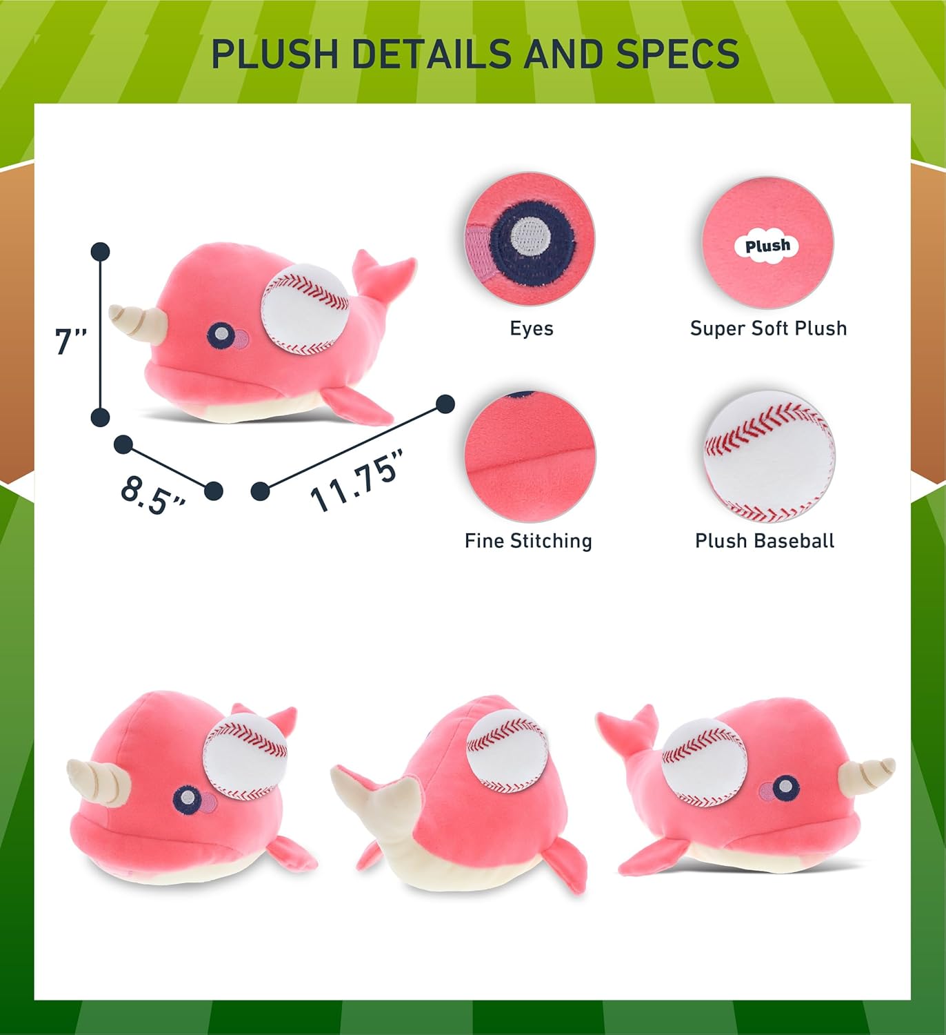 DolliBu Pink Narwhal Plush with Baseball - 1175 Inches 1