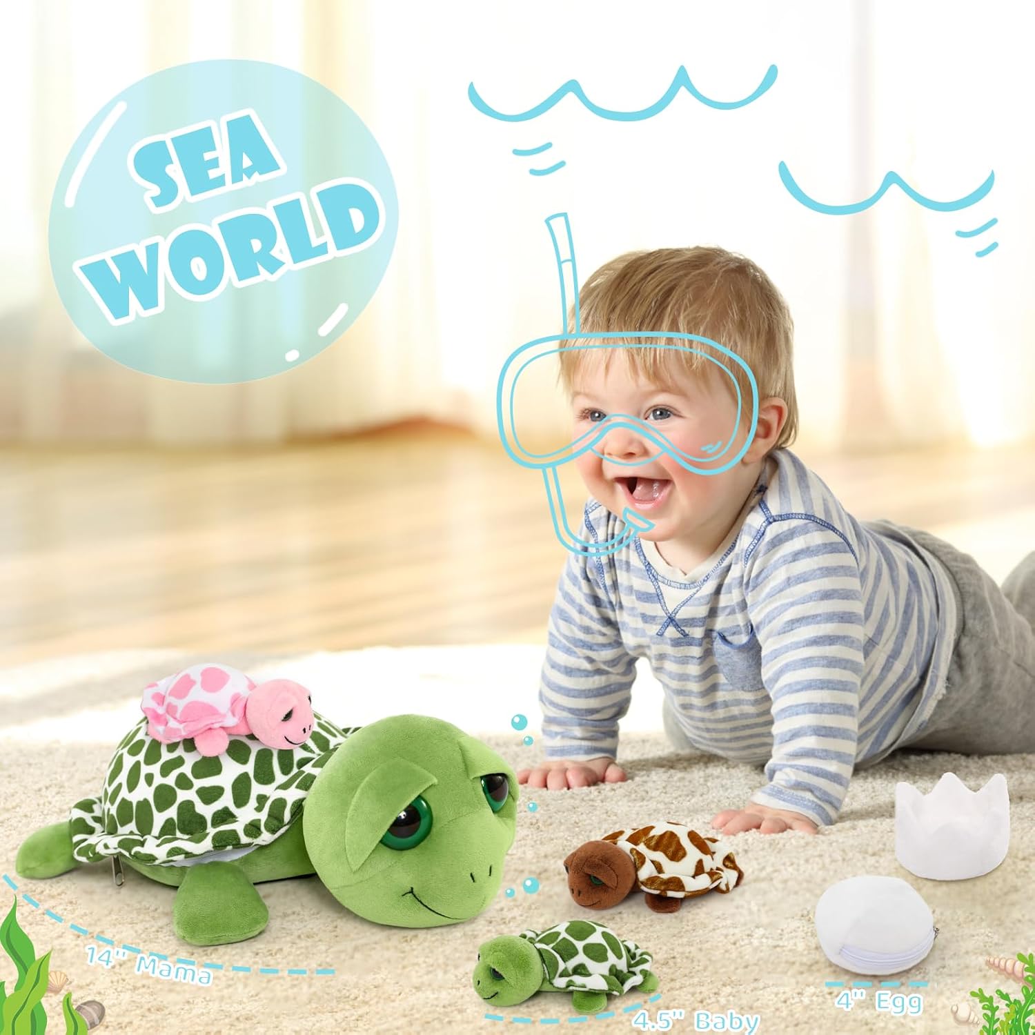 MorisMos Sea Turtle Family Plush Toy 14 with 3 Babies 2 Eggs